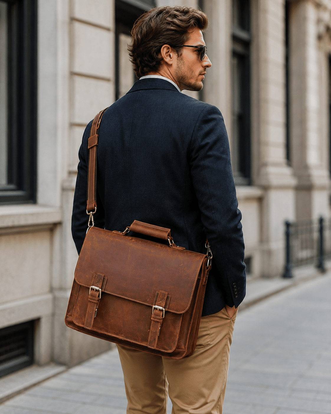 Brown men's attache case, buckle detail