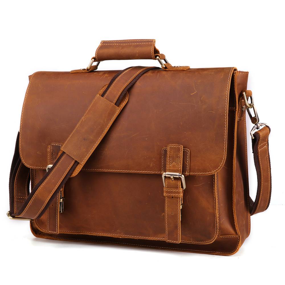Brown men's attache case, handle detail