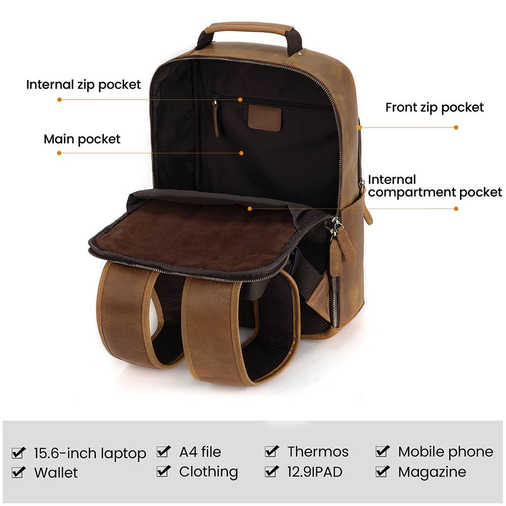 Brown men's leather backpack, back view
