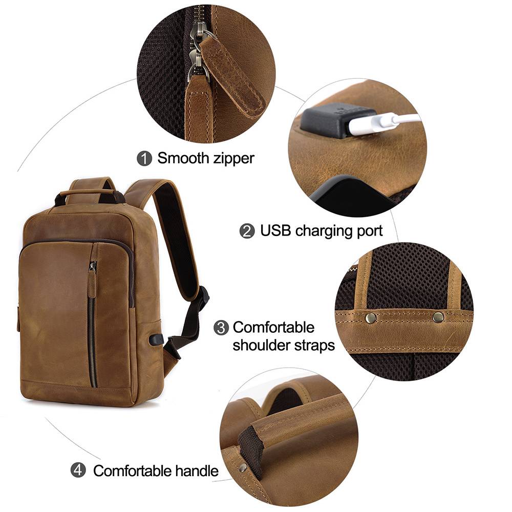 Brown men's leather backpack, laptop sleeve detail