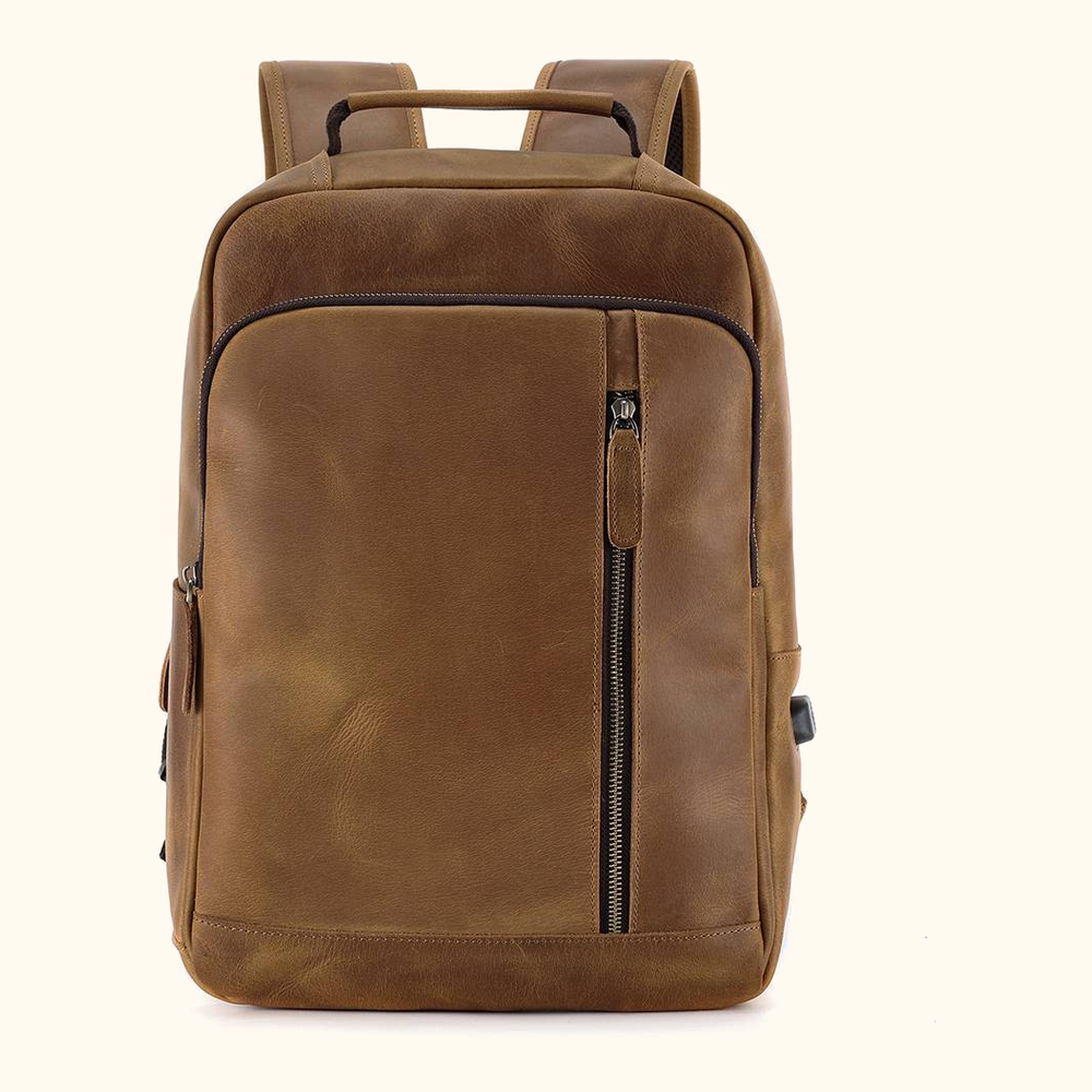 Vintage brown men's leather backpack with USB charging port