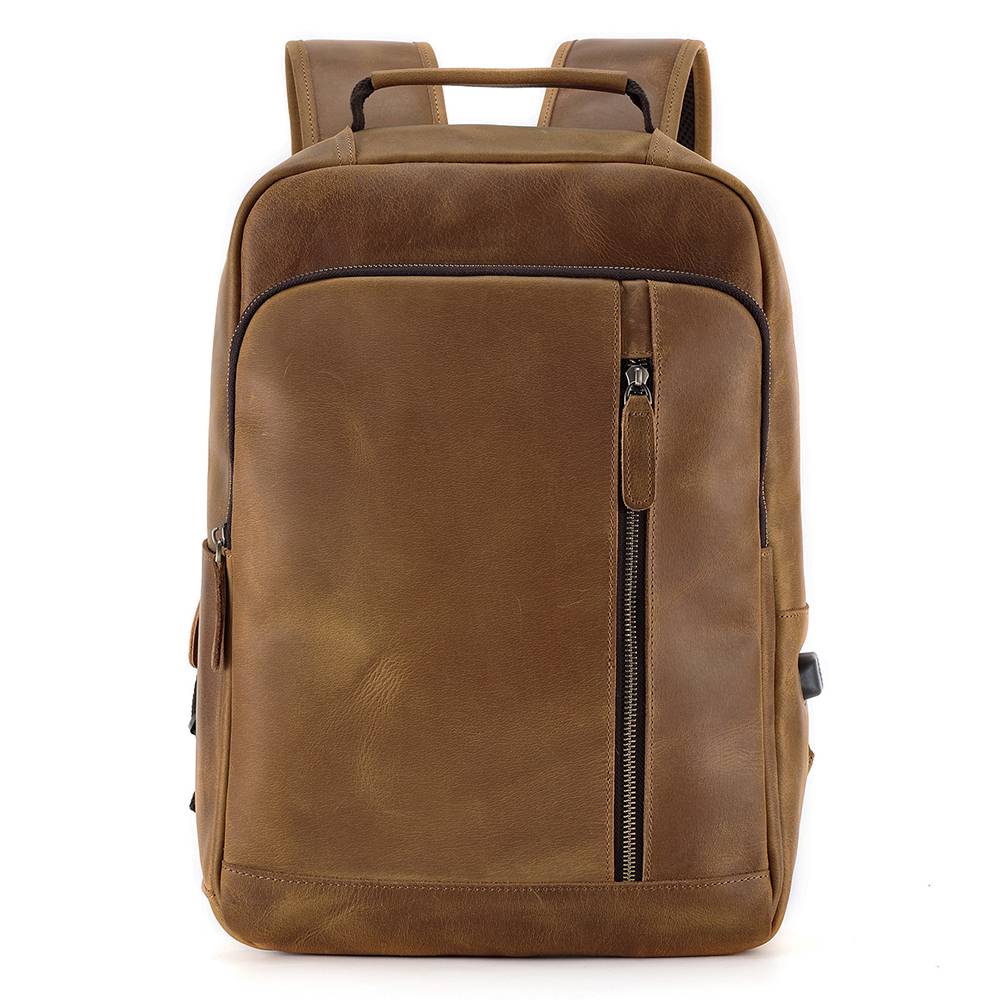 Brown men's leather backpack, interior view