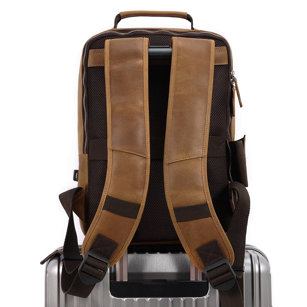 Brown men's leather backpack, side view