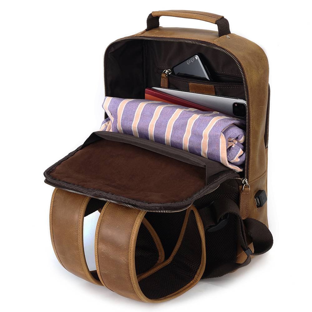 Brown men's leather backpack, back panel detail