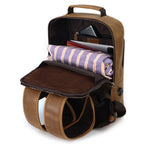 Brown men's leather backpack, back panel detail