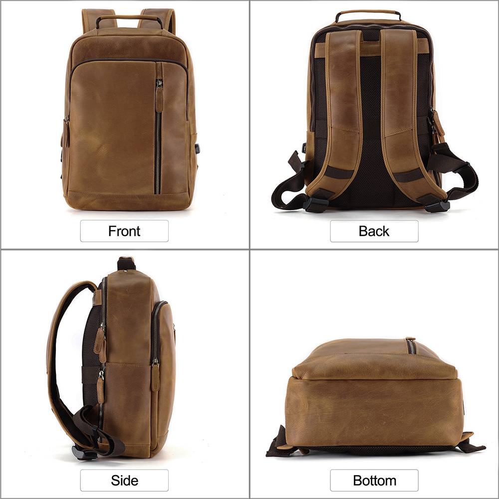 Brown men's leather backpack, hardware detail