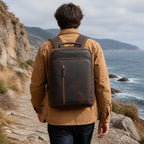 Dark brown men's leather backpack, another angle
