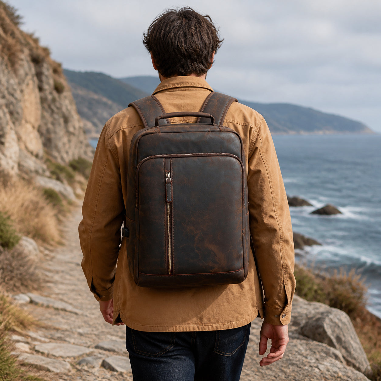 Dark brown men's leather backpack, another angle