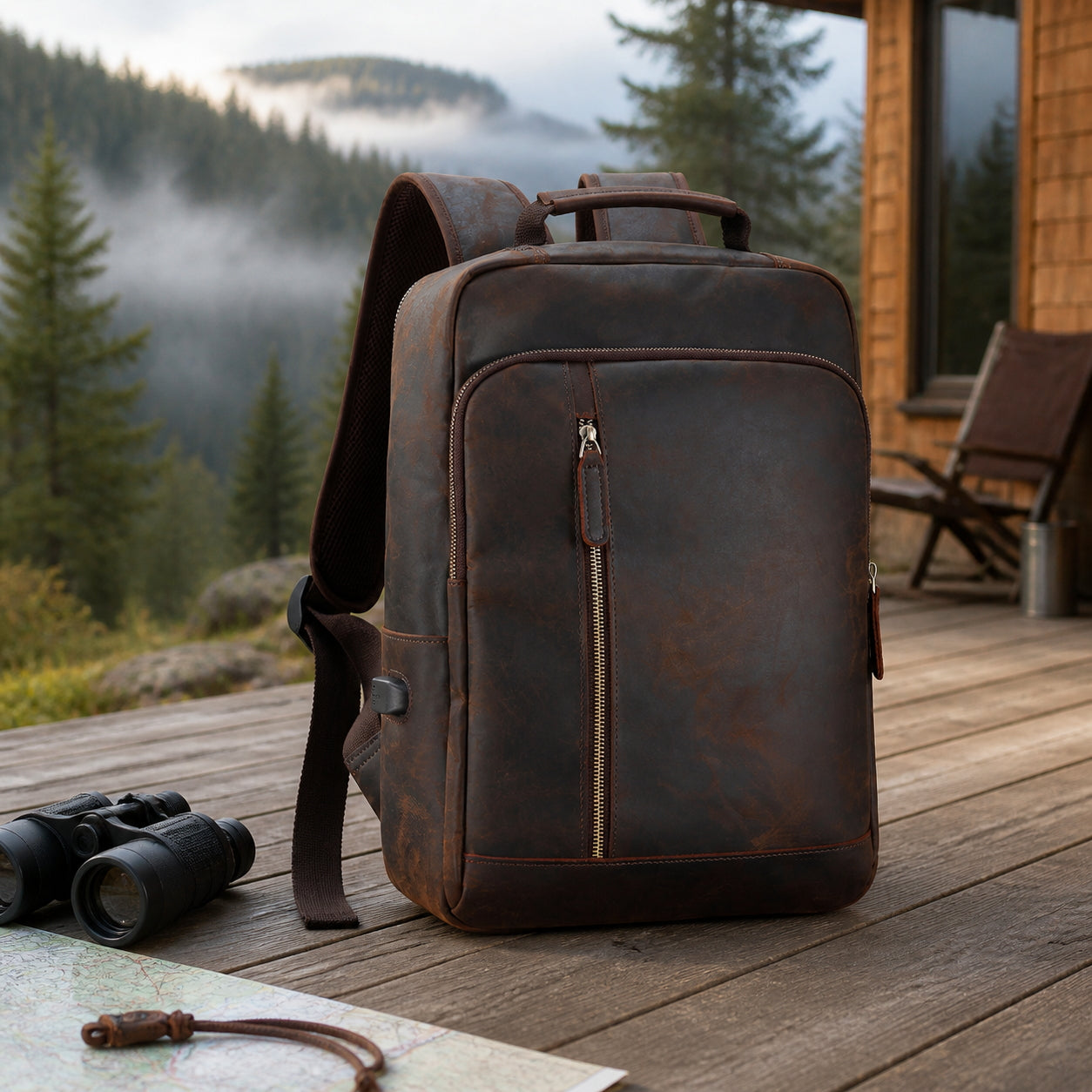 Dark brown men's leather backpack, flat lay