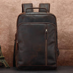 Dark brown men's leather backpack, top handle detail