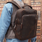 Dark brown men's leather backpack, zipper detail