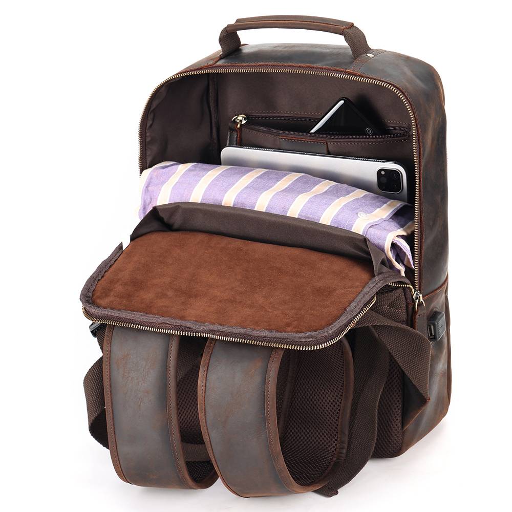 Leather backpack on a mountain cabin porch