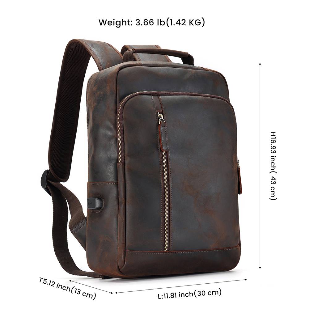 Dark brown men's leather backpack, USB port detail