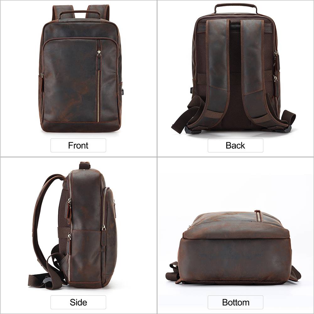 Dark brown men's leather backpack, front view