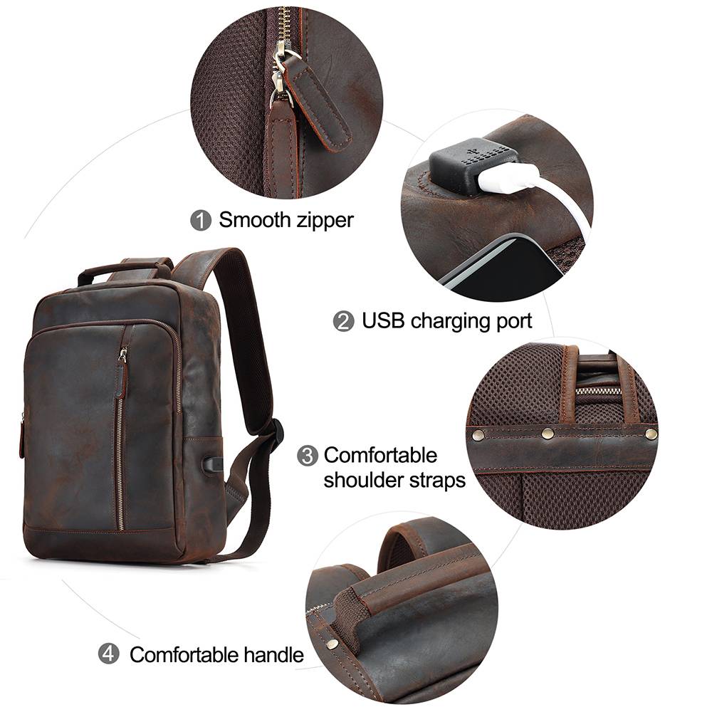 Dark brown men's leather backpack, back view