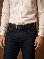 Black men's belt, buckle detail