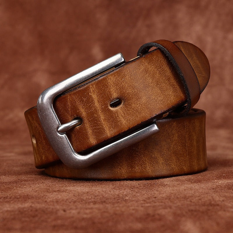 Brown men's aged steel buckle belt