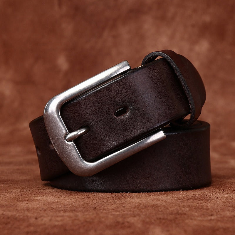 Dark brown men's aged steel buckle belt