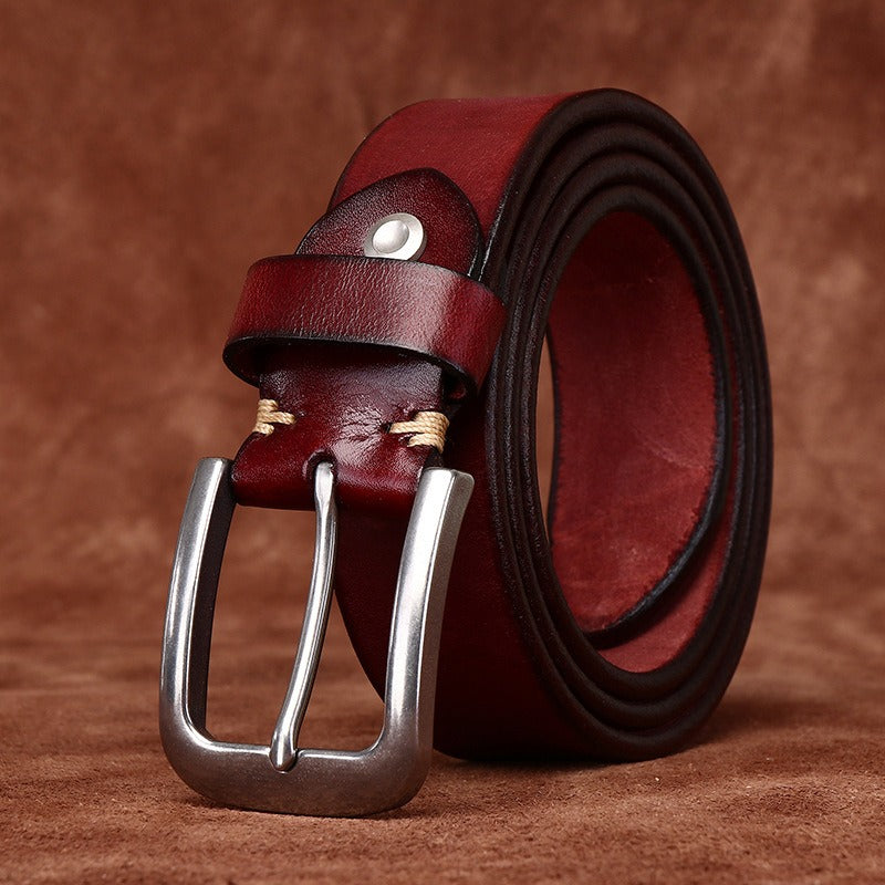 Red men's aged steel buckle belt