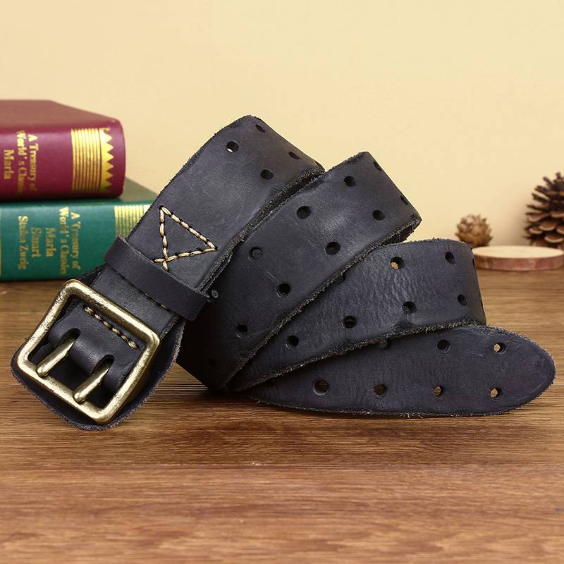 Black antique double prong men's leather belt