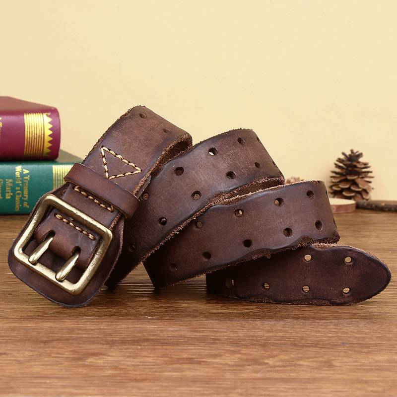 Dark brown antique double prong men's leather belt