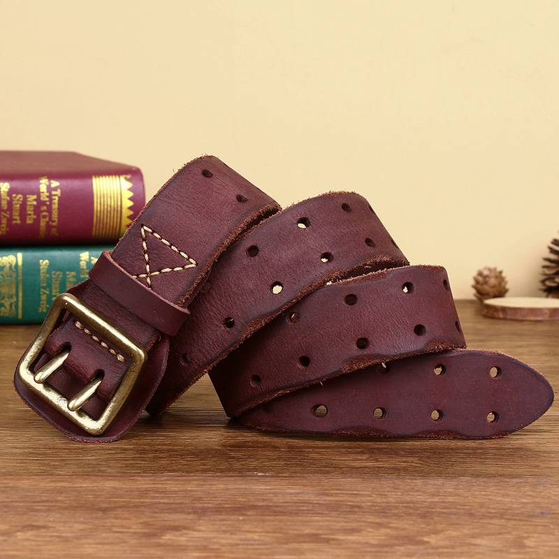 Red antique double prong men's leather belt