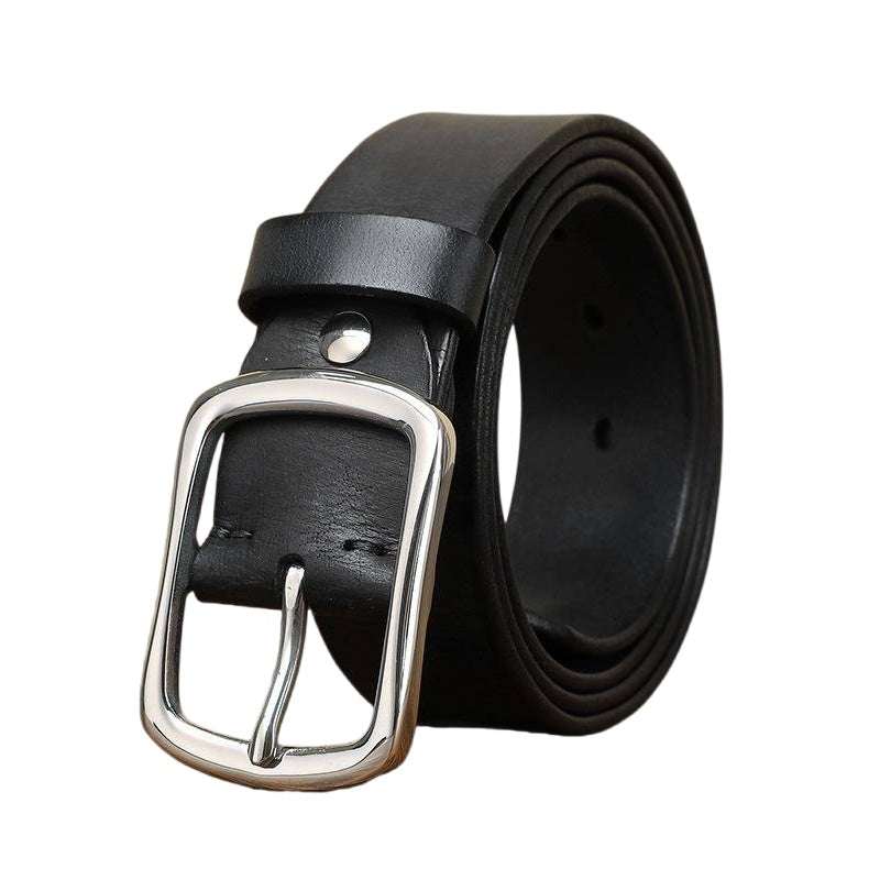 Black men's leather belt with stainless steel buckle, close-up