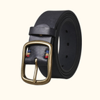 Black full-grain men's leather belt, transparent background