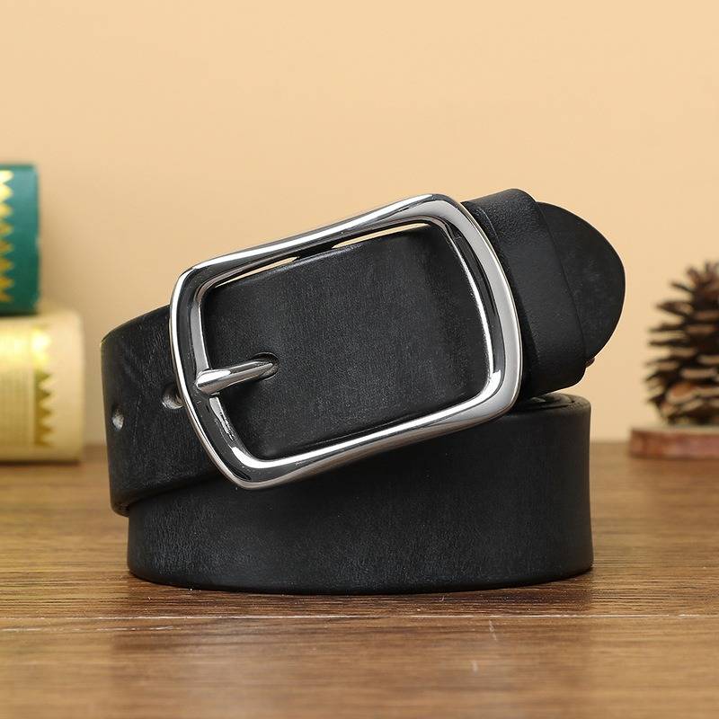 Black full-grain men's leather belt with stainless steel buckle