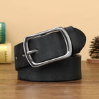 Black full-grain men's leather belt with stainless steel buckle