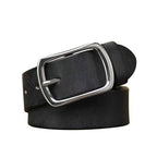 Stainless steel buckle close-up on black men's leather belt