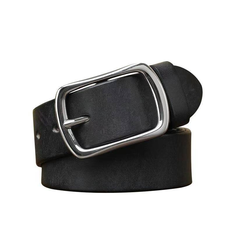 Stainless steel buckle close-up on black men's leather belt