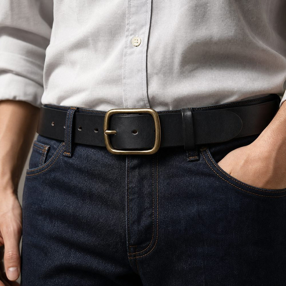 Black full-grain men's leather belt with brass buckle, worn with jeans