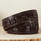 Dark brown men's belt, coiled view