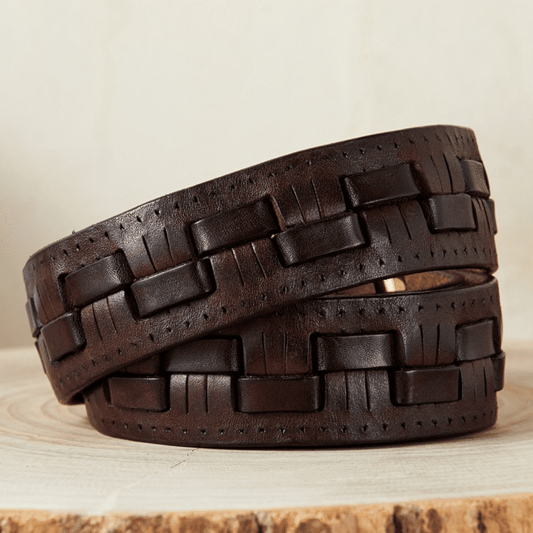 Dark brown men's belt, coiled view