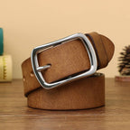 Brown full-grain men's leather belt with stainless steel buckle, coiled