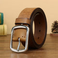 Stainless steel buckle close-up on brown men's leather belt