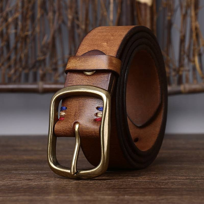 Brown men's leather belt detail view 1