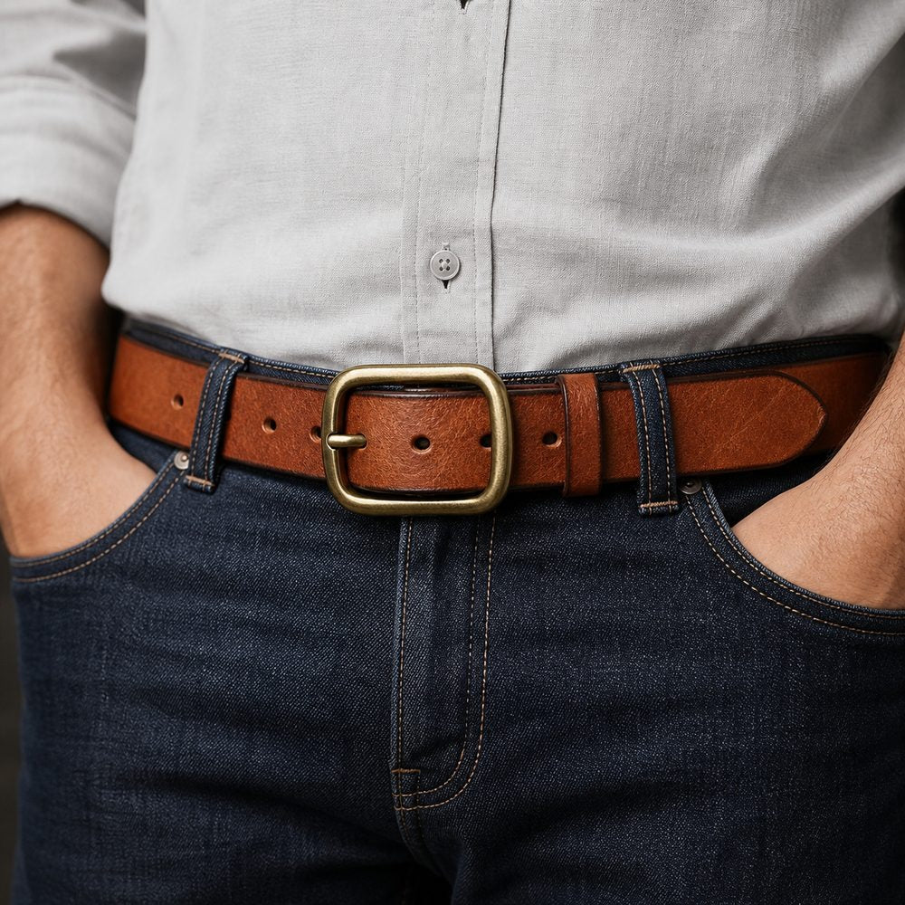Brown full-grain men's leather belt worn with jeans