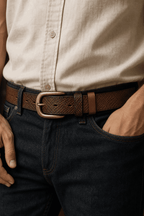 Brown men's belt, buckle detail