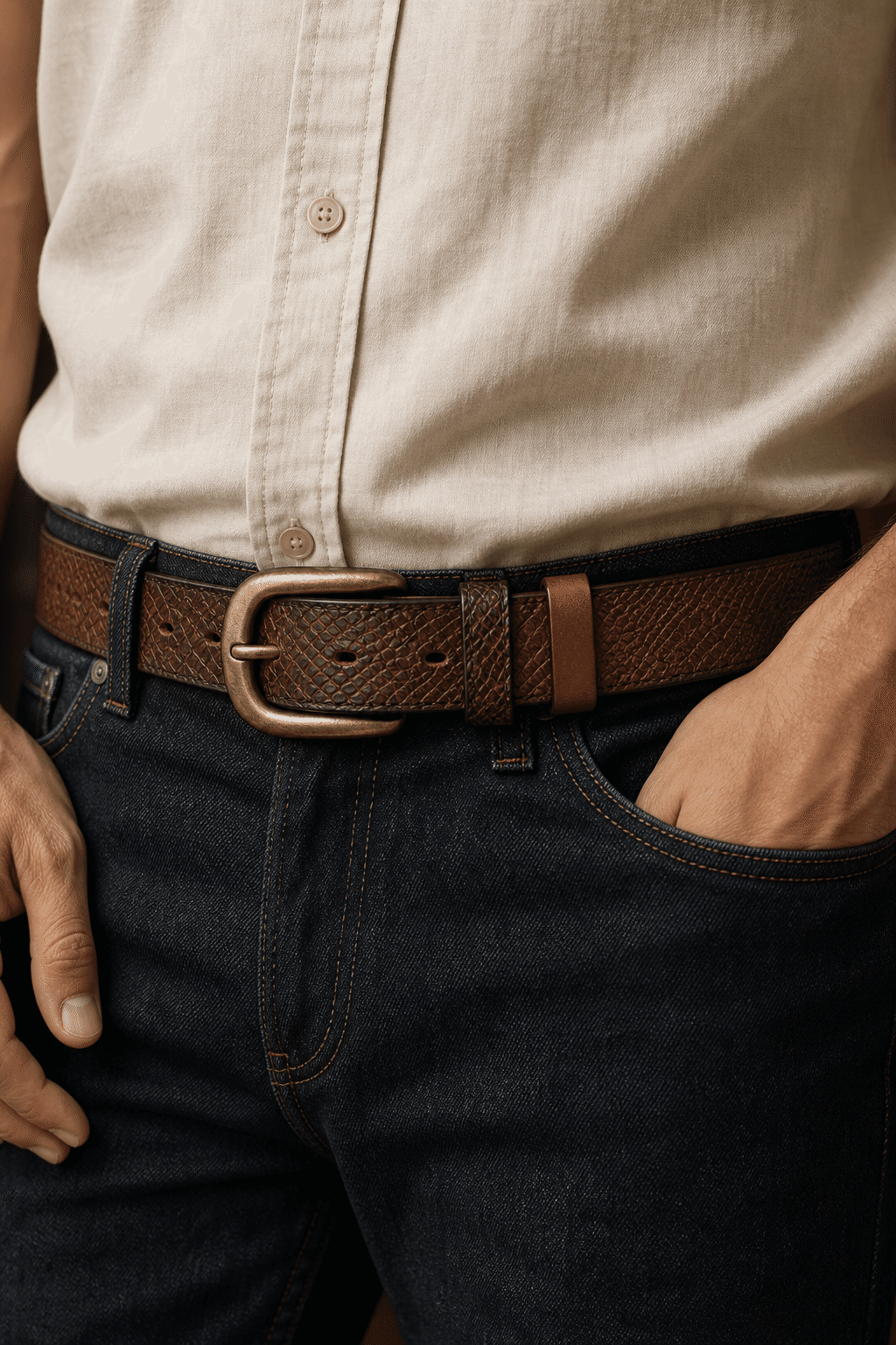 Brown men's belt, buckle detail