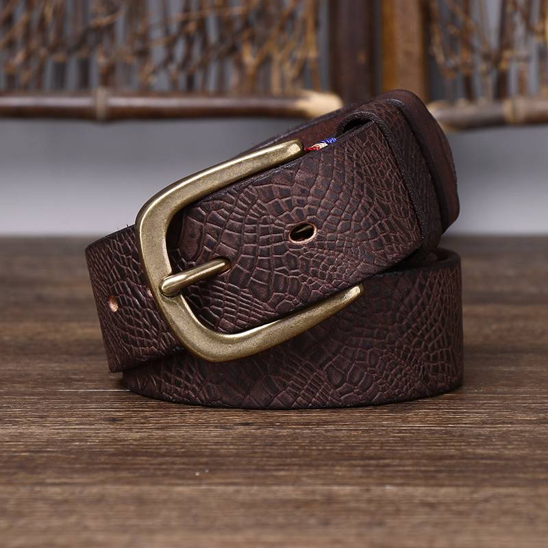 Dark brown men's belt, coiled view