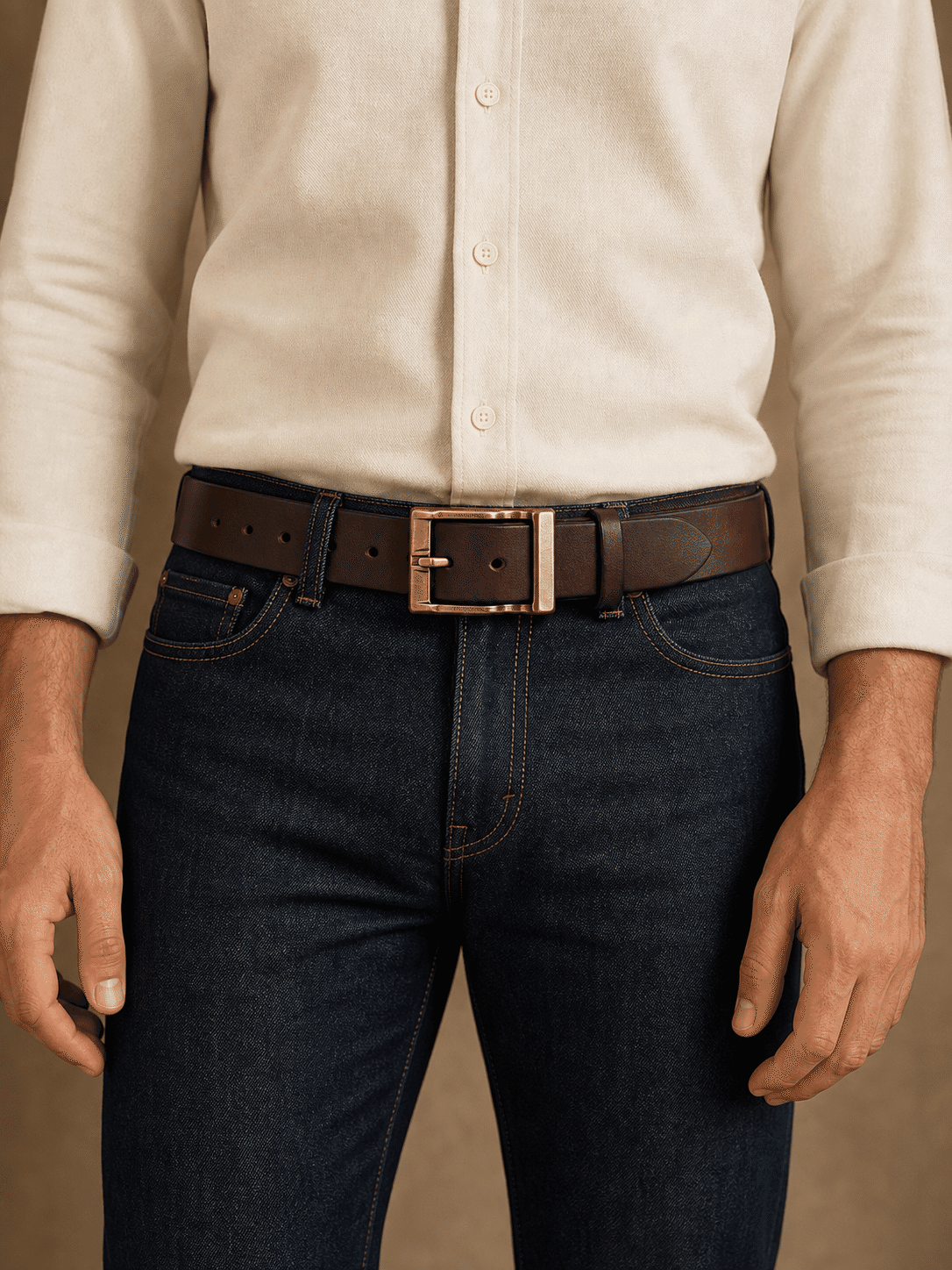 Dark brown men's belt, buckle detail
