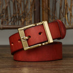 Red men's belt, buckle detail