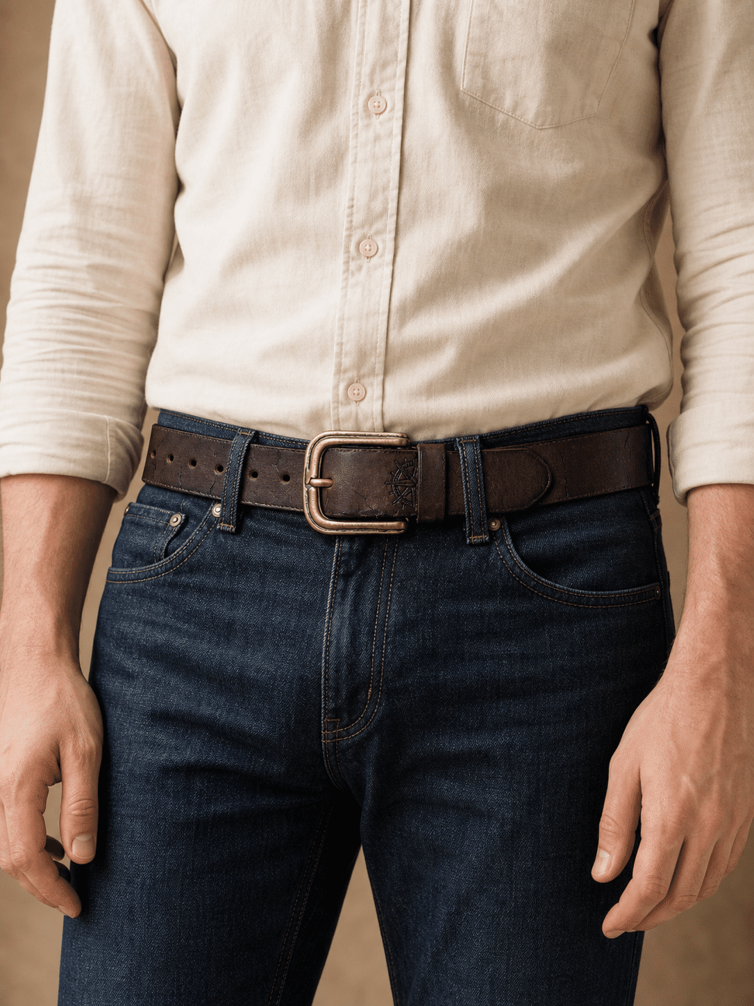 Dark brown men's belt, buckle detail