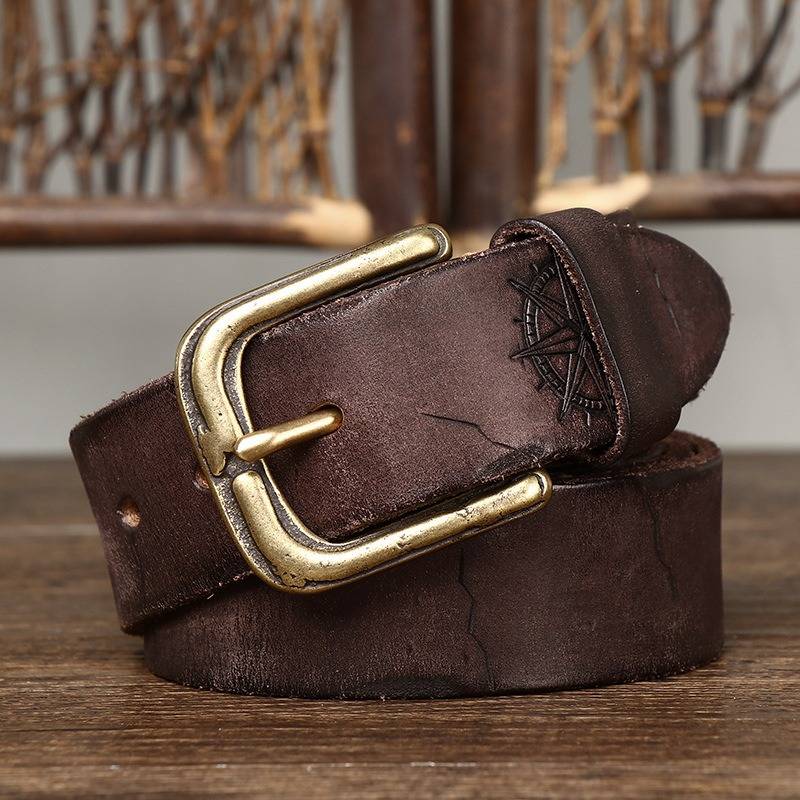 Dark brown men's belt, coiled view