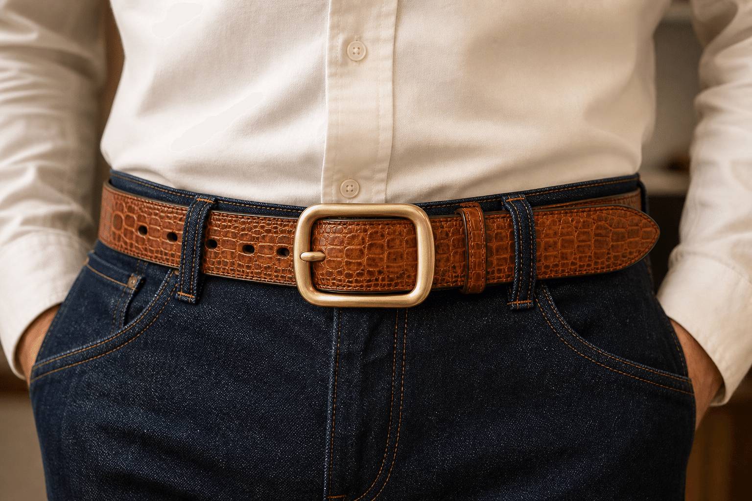 Brown men's belt, buckle detail