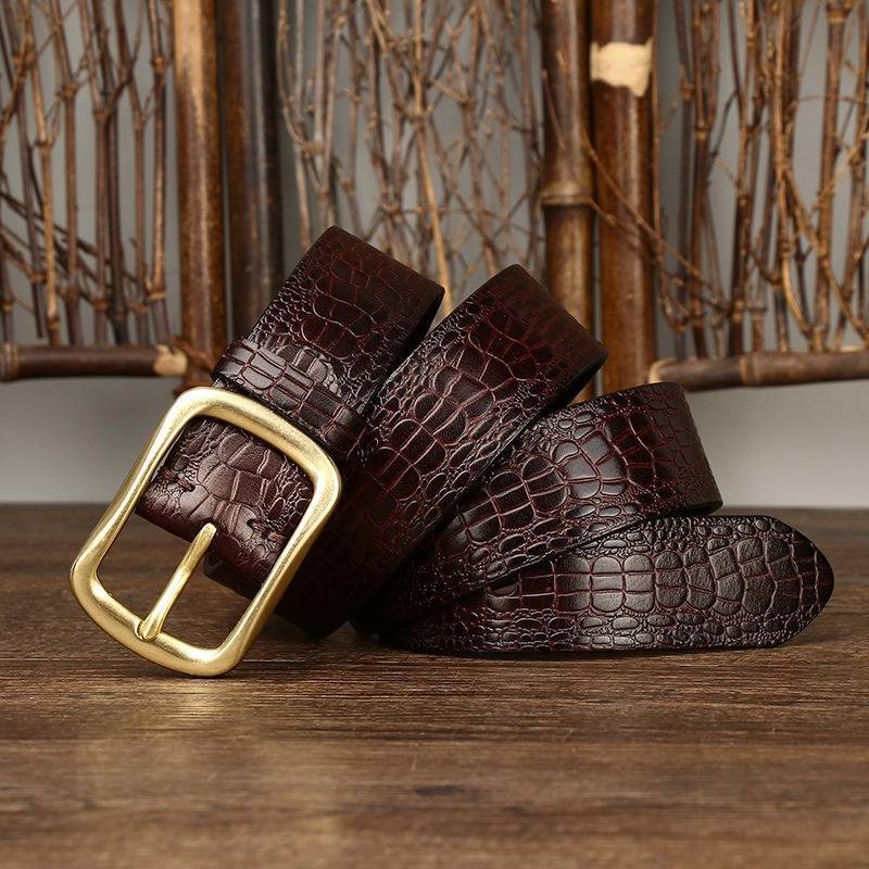 Dark brown men's belt, croc embossing