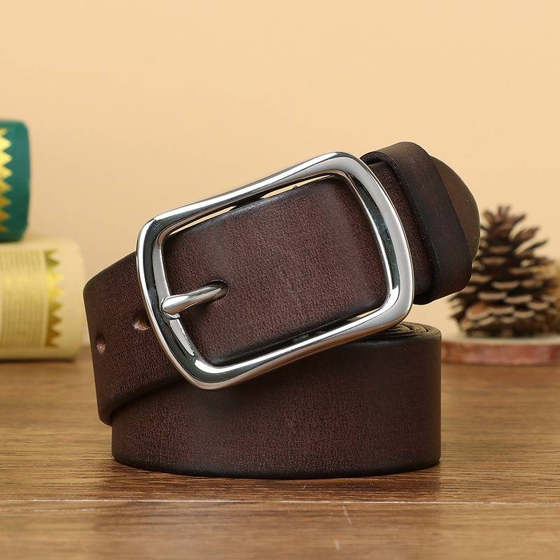 Dark brown full-grain men's leather belt with stainless steel buckle