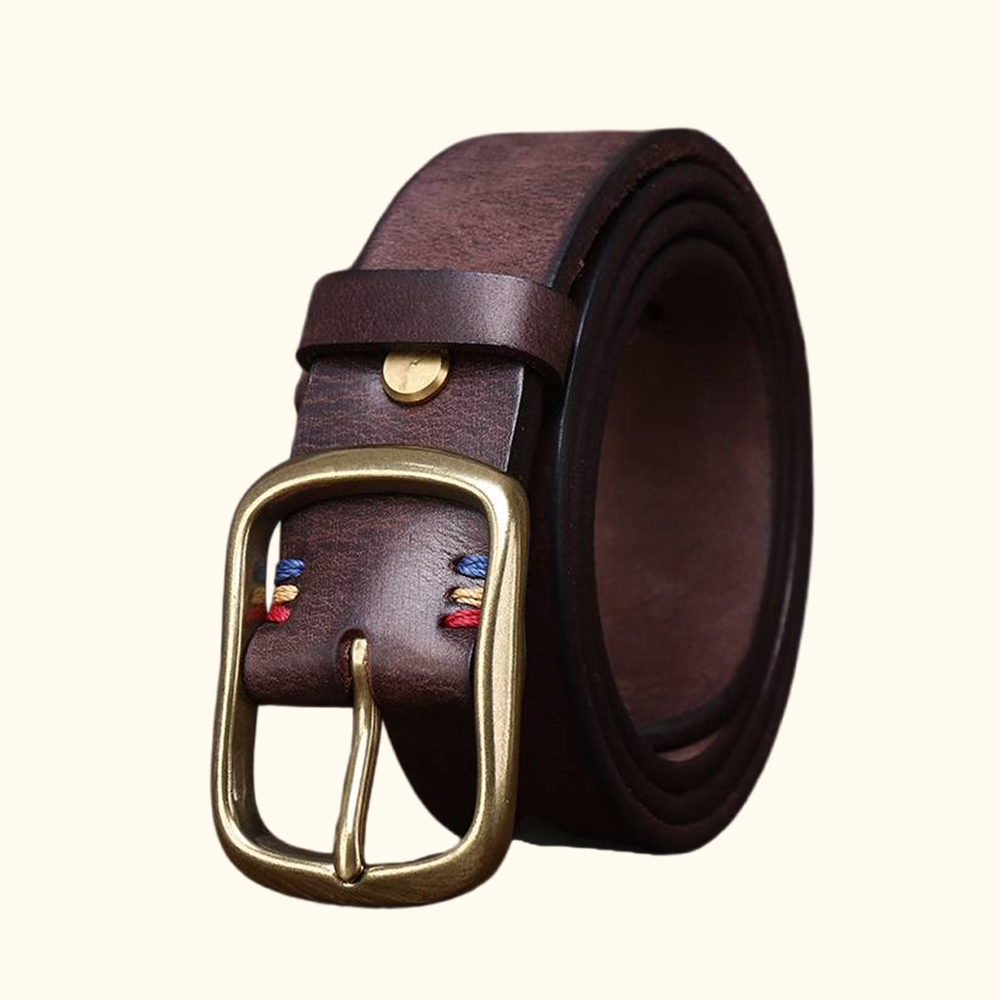 Dark brown full-grain men's leather belt, transparent background